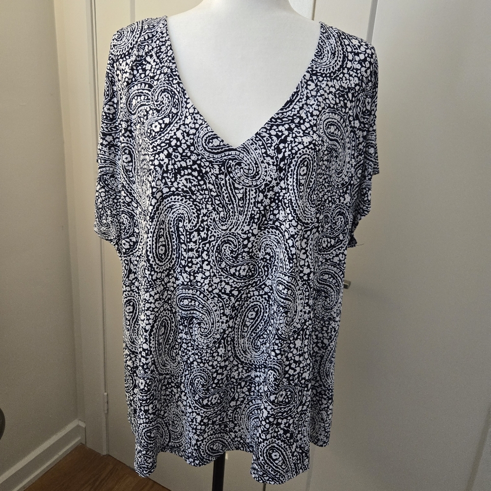 Blue and White Wrap Blouse with Short Sleeves